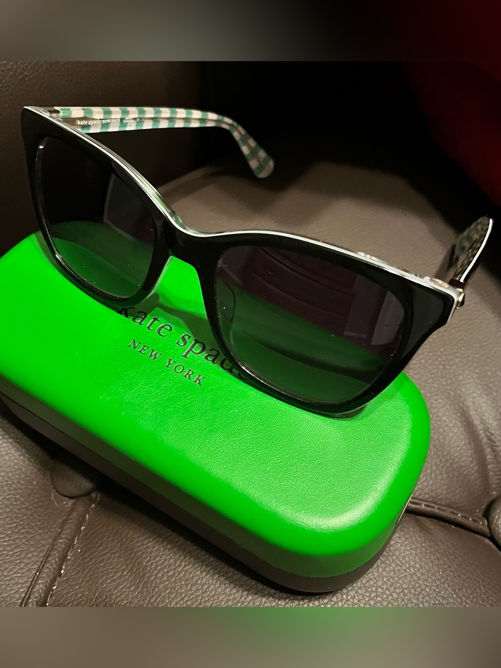 Kate Spade Black Cat-Eye Sunglasses with Green-Checked Temples